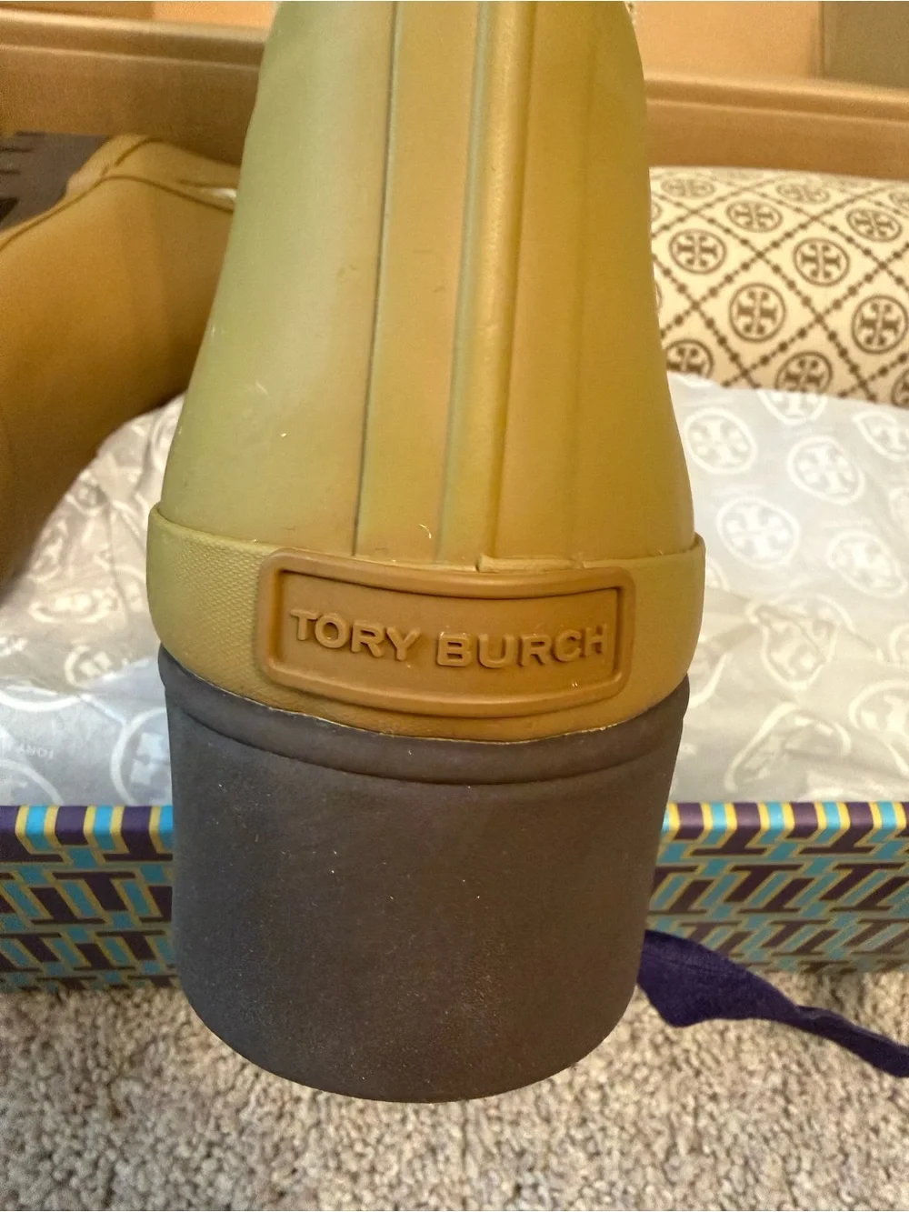 Tory Burch Olive Green and Beige Logo Rain Boots